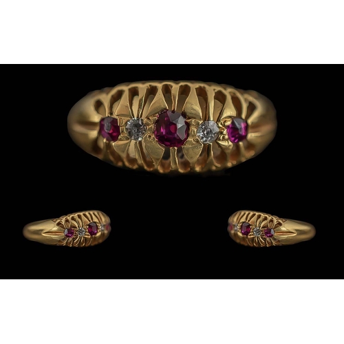 47 - Antique Period Ladies Attractive 18ct Ruby and Diamond Set Ring, Raised Setting. Full Hallmark for B... 