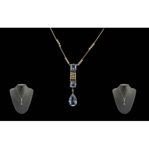 49 - Ladies Attractive and Stylish 9ct Gold Aquamarine and Pearl Set Necklace with Drop. Marked 9ct. Aqua... 