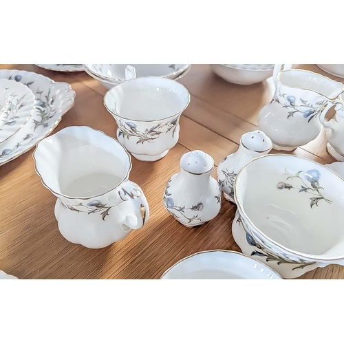 525 - Royal Albert 'Brigadoon' Bone China Dinner/Tea Service,  white with thistle decoration.  Excellent c... 