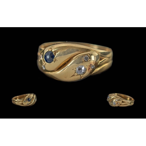 52A - Ladies Pleasing 18ct Gold Double Headed Snake Ring Set with Diamond Eyes and Sapphires to Top of Sna... 