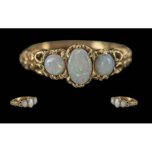 59A - Antique Period Ladies Attractive / Petite 9ct Gold 3 Stone Opal Set Ring, Marked 9ct to Interior of ... 