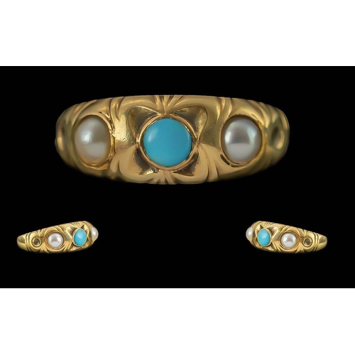 60A - Antique Period Excellent Quality Ladies 18ct Gold Pearl and Turquoise Set Ring, pleasing setting, no... 