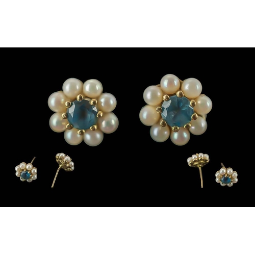 62 - Ladies Attractive 18ct Gold Sapphire / Pearl Cluster Set Pair of Earrings, Flower head Setting. Mark... 