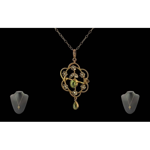 62A - Edwardian Period 1902 - 1910 Ladies 9ct Gold Open worked Peridot and Seed Pearl Set Pendant / Brooch... 