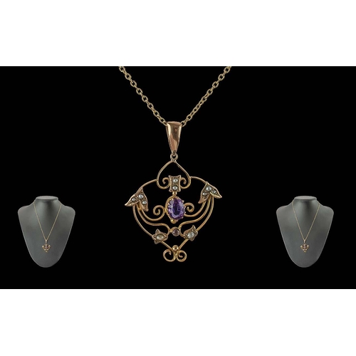 63 - Edwardian Period 1901 - 1910 Ladies 9ct Gold Open Work Attractive Pendant Set with Amethysts and Bla... 