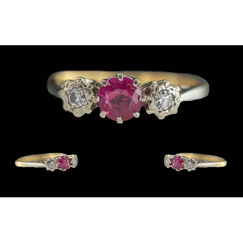 67A - Antique Period Ladies 18ct Gold and Platinum Three Stone Ruby and Diamond Set Dress Ring, marked 18c... 