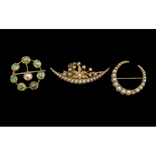 71 - Antique Trio of 9ct  & 15ct Gold Brooches Set with Peridots & Seed Pearls. Marked 9ct, Tests 15ct. A... 