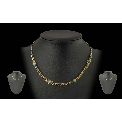 71A - Antique Period Ladies 9ct Gold Turquoise Set Necklet - Pleasing Design, Marked 9ct. Turquoise of Goo... 