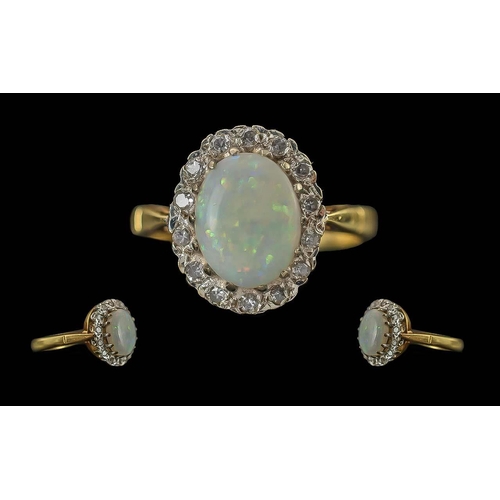 73 - Ladies 18ct Gold Opal and Diamond Set Ring - Flower Head Setting, full hallmark to interior of shank... 