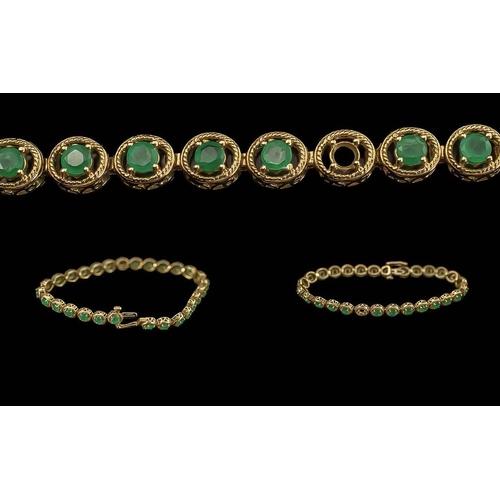 83A - Ladies - Pleasing 9ct Gold Emerald Set Line Bracelet. Full Hallmark for 9.375. Well Matched Emeralds... 