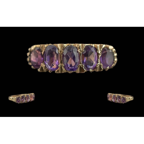 85 - Ladies Attractive 9ct Gold 5 Stone Amethyst Set Ring with Ornate Raised Setting. The Well Matched Am... 