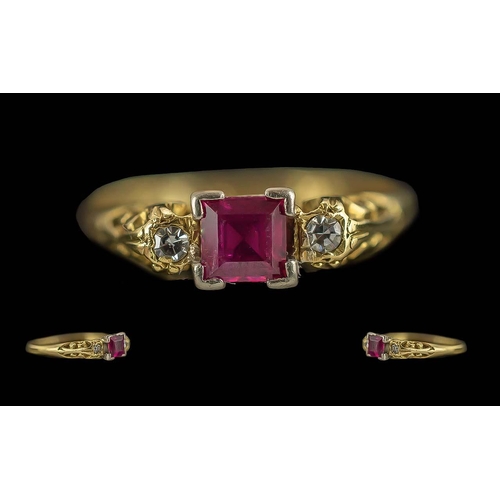 85A - Ladies Attractive 18ct Gold 3 Stone Ruby and Diamond Set Ring, Marked 18ct to Interior of Shank. The... 