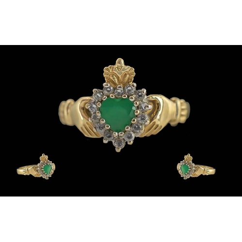 87 - Ladies 9ct Gold Claddagh Ring Set with Emeralds and Diamonds. Full Hallmark to Interior of Shank. Th... 