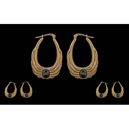 87A - Ladies Stylish 9ct Gold Hoop Earrings, Cabouchon Stone Set. Marked 9.375. Drop Length 1.5 Inches, We... 