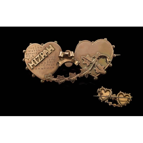 97 - World War ll 9ct Gold Mizpah Twin Heart Brooch, date 1939 - 1945, marked 9ct, weight 3.1g, diameter ... 