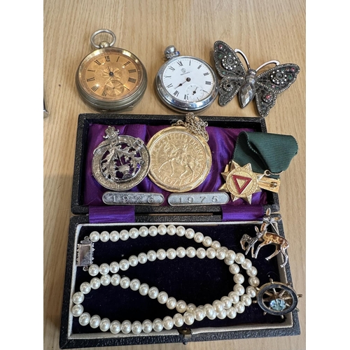 1483 - Box of Collectables, Includes Pearls, Coins, Sugar Shaker ( Silver Plate ) Ronson Lighter In Box etc... 