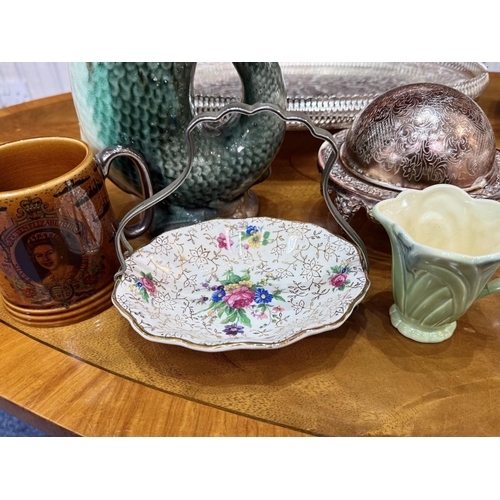 1510 - Small Box of Miscellaneous, to include silver plated entree dish and tray, pottery mug, ceramic bask... 