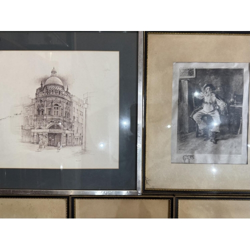 915 - Etched Framed Pictures, Napoleon, Grand Theatre Blackpool, and other framed items.