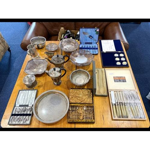 1375 - Large Box of Silver Plated Ware, Includes Cutlery, Bowls, Serving Dishes etc.