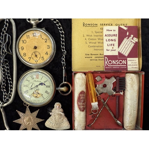 1401 - Interesting Bag of Collectables. Includes Ronson tin, Pocket Watches, Pin Cushion In the Shape of a ... 