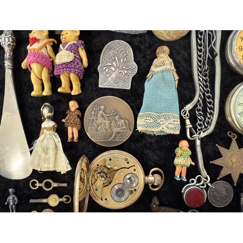 1401 - Interesting Bag of Collectables. Includes Ronson tin, Pocket Watches, Pin Cushion In the Shape of a ... 