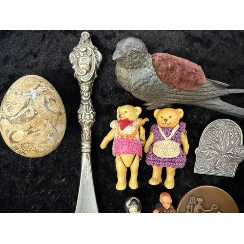 1401 - Interesting Bag of Collectables. Includes Ronson tin, Pocket Watches, Pin Cushion In the Shape of a ... 