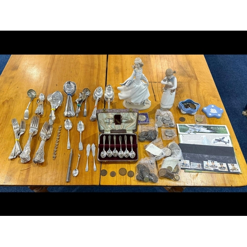 1412 - Box of Misc Items. Includes Silver Plate Cutlery, Coins, Wedgwood, Nao Figures, Royal Air Force Stam... 