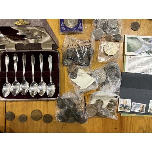 1412 - Box of Misc Items. Includes Silver Plate Cutlery, Coins, Wedgwood, Nao Figures, Royal Air Force Stam... 