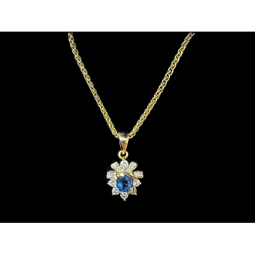 169 - Ladies Attractive 18ct Gold Sapphire & Diamond Set Pendant with 9ct Gold Chain. Both Hallmarked. Goo... 