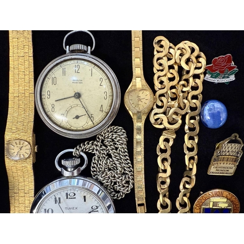 1489 - Collection of Watches, Pocket Watchers, Penknife, Pin Badges, Gold Tone Necklace etc.