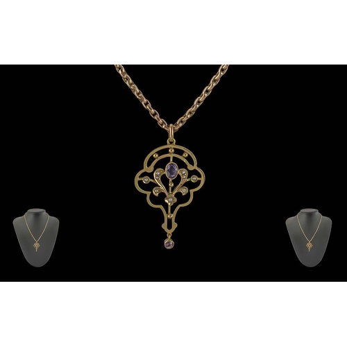 68A - Antique Period - Ladies 9ct Gold Open Worked Amethyst and Seed Pearl Pendant Attached to a Fine 9ct ... 