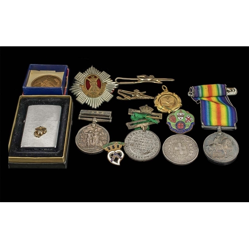 1457 - Good Collection of Medals, Coins, Cap Badges, Zippo Lighter, Tie Pins etc. Interesting Lot.