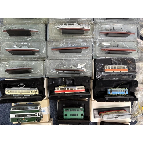 1497 - Collection of Die Cast Models, mainly Atlas, includes boats, buses, trams, battleships etc. some box... 