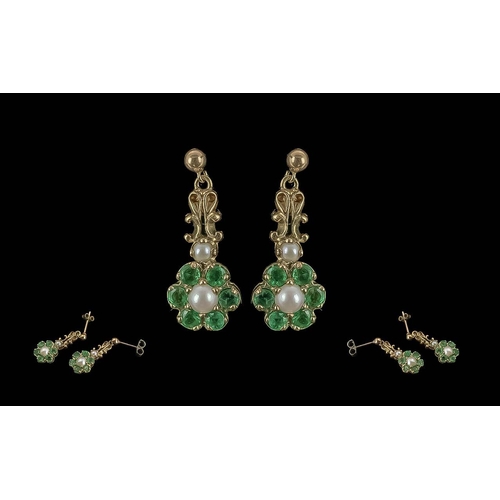 69 - Antique Period - Pleasing Pair of Ladies 9ct Gold Ornate Pearl and Emerald Earrings, Marked 9ct. Clu... 