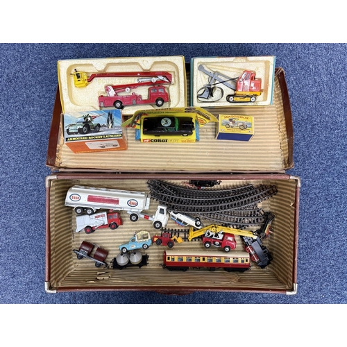 1430 - Old Suitcase, Containing Mixed Diecast To Include, 2 Boxed Corgi 1127 Fire Engine & 1128 Priestman C... 