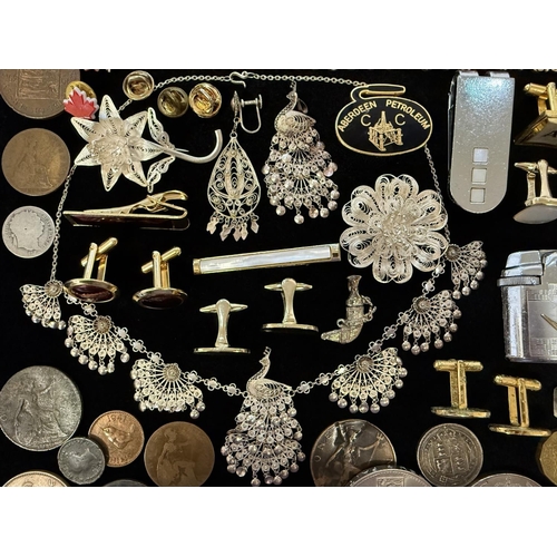 1448A - Bag of Mixed Collectables. Includes Coins, Lighter, Cufflinks, Jewellery etc.