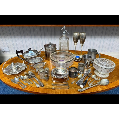 1503 - Two Boxes of Silver Plated Ware, goblets, rose bowl, jugs, tea pot, soda syphon, etc.