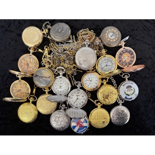 1432 - Bag of Modern Very Decorative Pocket Watches & Chains. Various Designs. Needs a Good Sort.