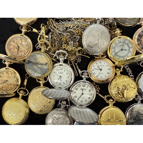 1432 - Bag of Modern Very Decorative Pocket Watches & Chains. Various Designs. Needs a Good Sort.