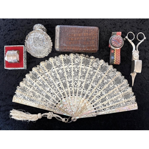 1434 - Bag of Mixed Collectables. Includes Silver Topped & Crystal Glass Jar, Fan, Cigarette / Cigar Case, ... 