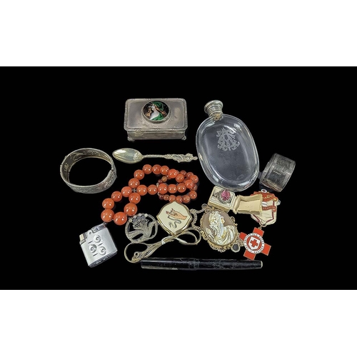 1437 - Bag of Mixed Collectables. Includes Silver Box, Jewellery, Beads, Pen, Red Cross 1938 Badge, Silver ... 