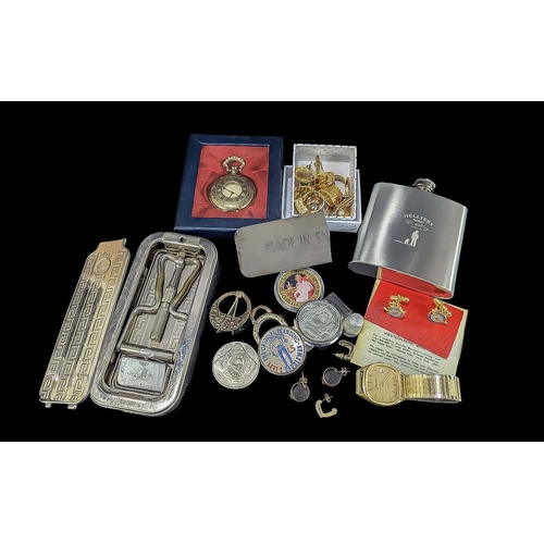 1440 - Bag of Mixed Collectables, Includes Cufflinks, Decanter, Watches, Coins, Thimble etc.