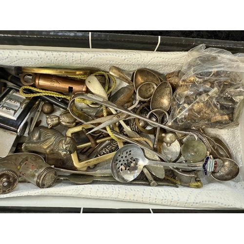 1470 - Two Boxes of Collectibles, including Mappin & Webb tongs, assorted spoons and knives, perpetual cale... 