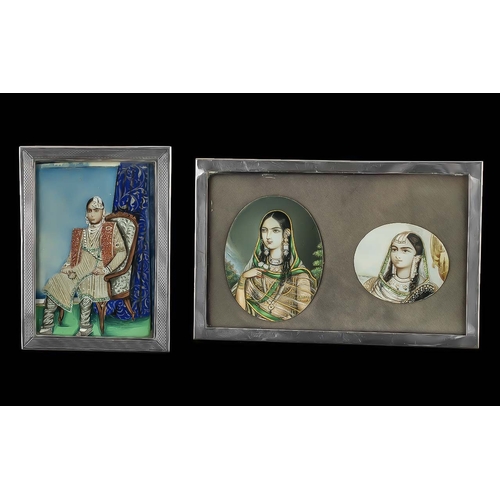 356 - Three Antique Indian Portrait Miniatures, depicting princesses, housed in two silver frames.  Larges... 