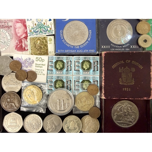 Box of Collectibles, comprising coins including 1951 Five Shilling coin ...