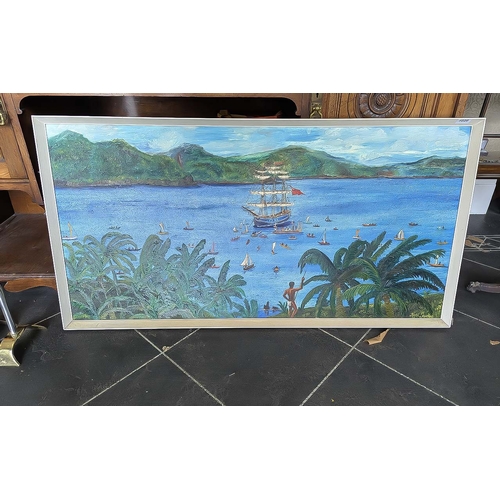 1029 - Local Artist Interest - Keith Sutton Oil on Board, Caribbean Lagoon scene with boats and figures. Me... 