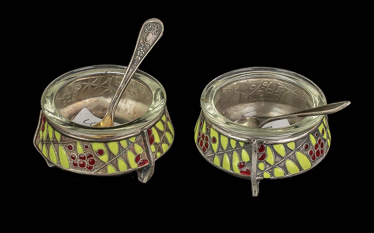 Pair of Russian Silver & Enamel Salt Containers with glass liners ...