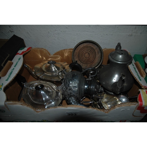 303 - Box of silverplate & other metalware