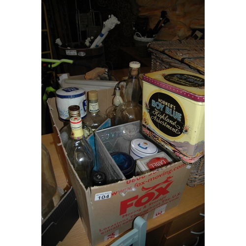 104 - Box of vintage bottles & tins