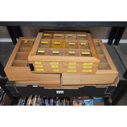 239 - 5 wooden spice storage boxes